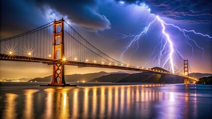 Obraz premium Stormy night in San Francisco with lightning bolt striking over the bridge, using forced perspective for dramatic effect.