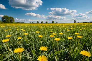 Obraz premium beautiful meadow field with fresh grass and yellow dandelion flowers in nature against a blurry blue sky with clouds