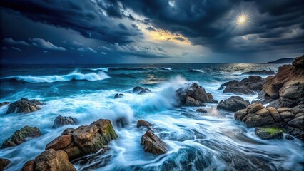 Fototapeta premium Stormy sea with rocks at night background