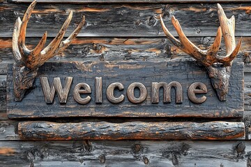 Rustic wooden sign with 'Welcome' text and deer antlers against old log cabin wall