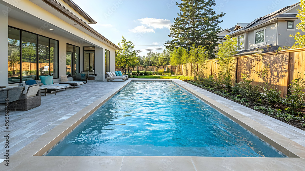 Poster a serene backyard with a swimming pool surrounded by greenery and modern architecture.