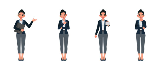 Business woman working in office character vector illustration design set. Presentation in various action. Woman wear dark blue suit.