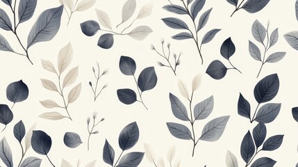 Watercolor Blue and Beige Leaf Pattern Seamless Repeat