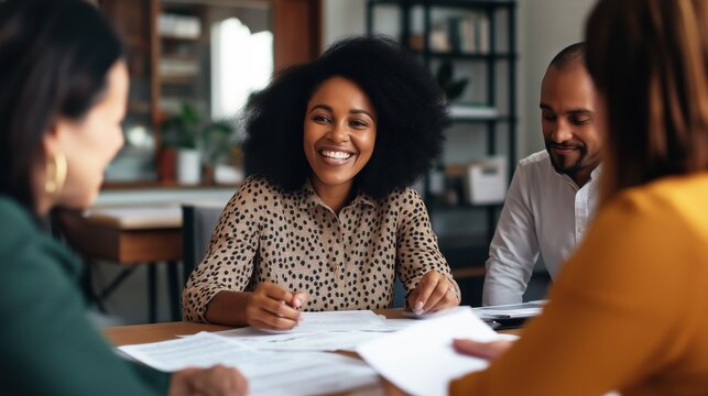 African American office staff meeting with colleague happy discussion conversation