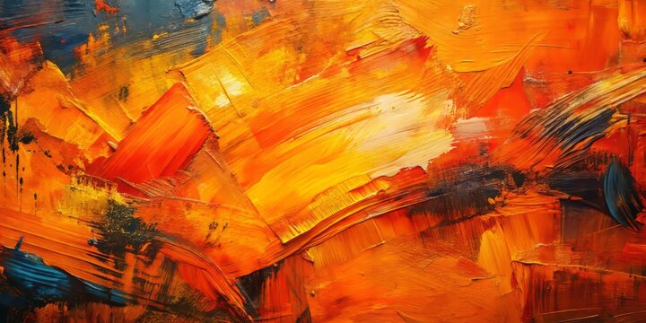 Radiant, avant-garde orange artwork bursts with energy, dynamic brushstrokes and textured layers blending to evoke an