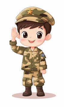 recommend clip art: cute illustrations of a little boy in a military / soldier uniform, smiling and giving salute on white background 