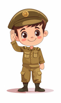 recommend clip art: cute illustrations of a little boy in a military / soldier uniform, smiling and giving salute on white background 