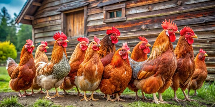 "A kaleidoscope of vibrant red chicken breeds, featuring the silky Leghorn, Welsummer, Crested Red Polish, and Crimson Copper Marans, photographed against a rustic farm backdrop."