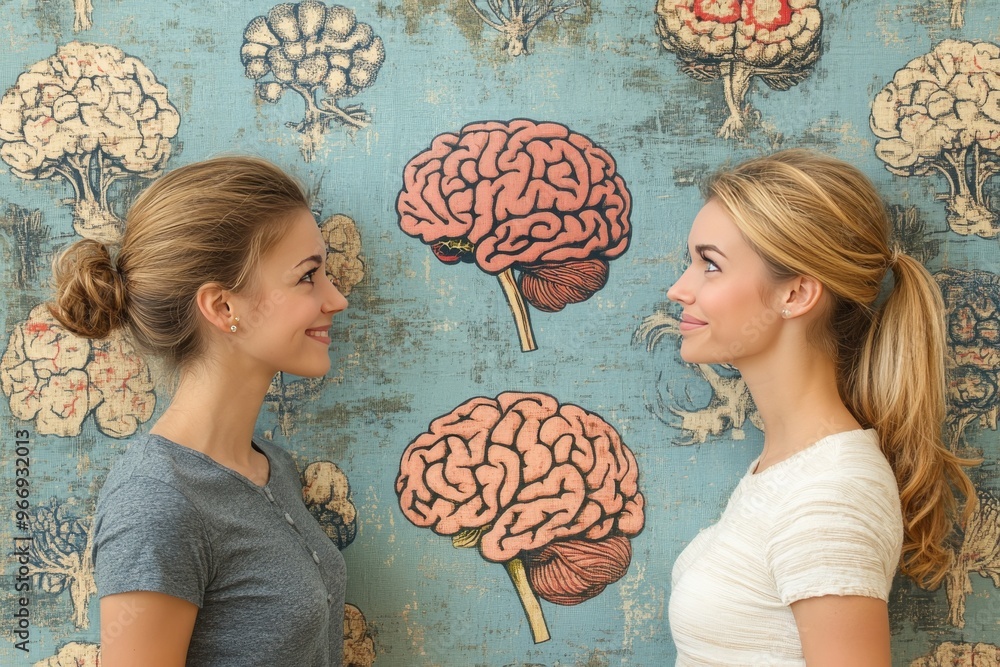 Poster attachment cognition and focus two women facing a wall of brains symbolizing shared knowledge learni