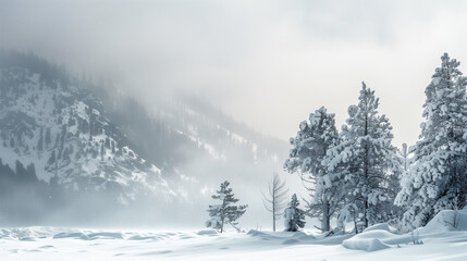 Snowy mountain landscape during a snowstorm