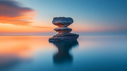 A serene landscape featuring a balanced rock formation at sunset, reflecting in calm waters.