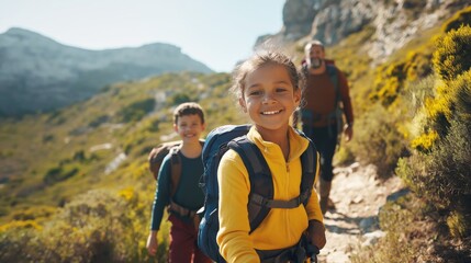Sister and brother with backpack hiking with father during sunny day Caucasian kid smiling