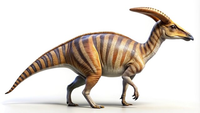 Striped Parasaurolophus dinosaur illustration on white background