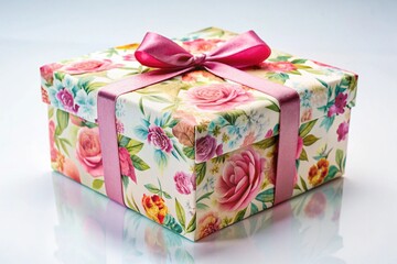 A pink box with a bow on top and a floral design
