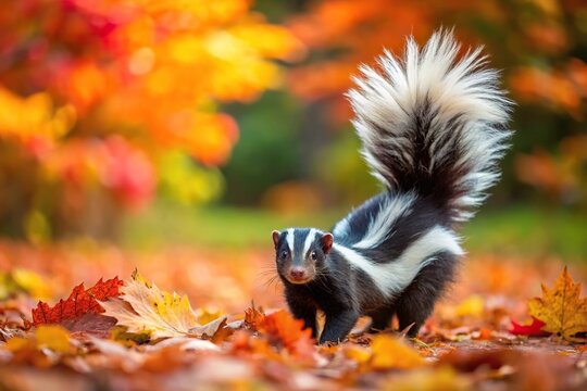 Striped skunk lifting tail in front of autumn leaves