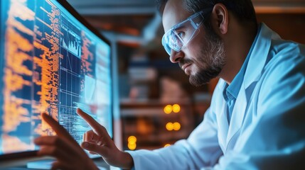 Male scientist in white lab coat eye protection looking at computer screen with medical data