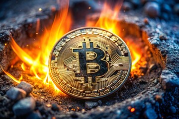 A close up of a Bitcoin coin on fire