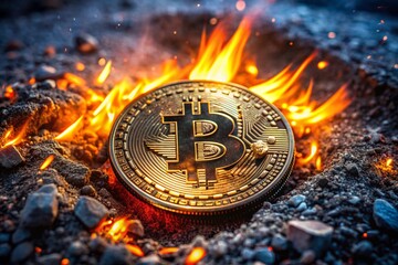A close up of a Bitcoin coin on fire