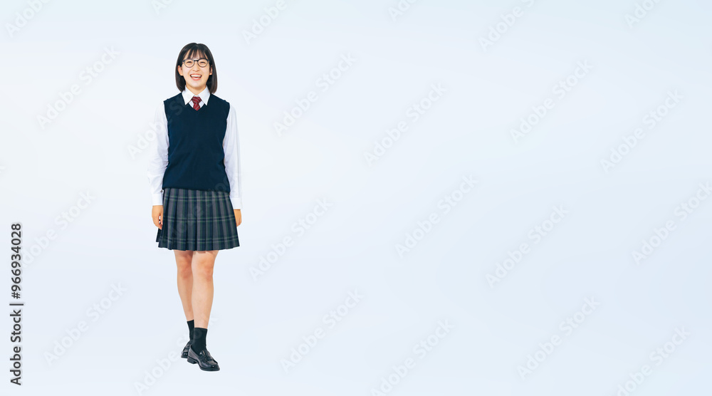 Aufkleber 制服を着て笑顔で立つ女子学生の全身写真（切り抜き背景透過pngも販売しております。作成者リンクから「png」で検索してください）