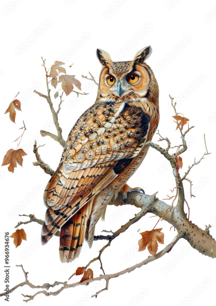 Poster PNG  Detailed owl on autumn branch