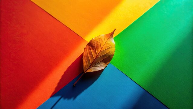 Study in contrast and form, shadow, leaf, brightly colored surface, solid color background, forced perspective