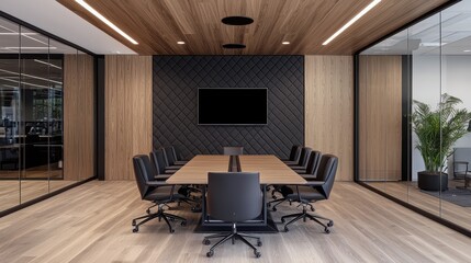 Modern Office Meeting Room Interior Design with Wooden Walls  Black Leather Chairs  and Large TV Screen