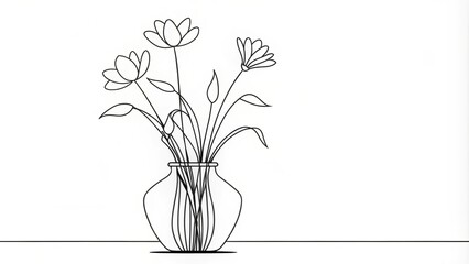 Simple black and white lines form a minimalist vase, holding a bouquet of flowers that bloom within its