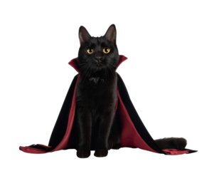 Black cat dress up as vampire costume wearing black cape in halloween concept. Background cutout in png.