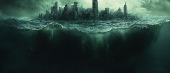 A City Submerged Underwater, With Dark, Stormy Clouds Above