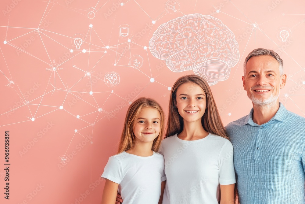 Poster care attachment and memory family portrait with neural connections on a pink background symbolizing 