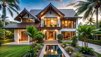 Fototapeta premium Sleek and modern, this Contemporary Thai-inspired abode boasts crisp white walls, gorgeous wooden accents, and an