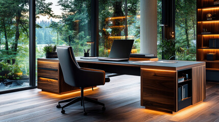 A modern home office setup with a sleek desk and ergonomic chair, featuring a laptop and stylish stationery