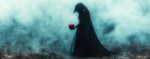 Mysterious witch in black offering a red apple representing temptation and poison, with a magical, foggy background evoking a fairy tale and Halloween atmosphere