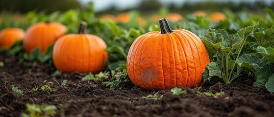A Ripe Orange Pumpkin in a Field of Green
