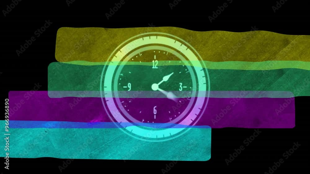 Poster animation of clock moving over colourful lines