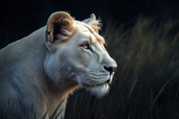 Naklejka premium white lion, wildlife shot, style of detailed atmospheric portraits,, fantasy style, with generative ai