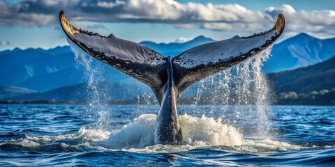 Fototapeta premium Slowly, the tail emerges, a majestic fan of whalebone and skin, paused for a moment before sinking back