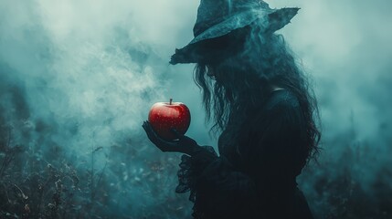 Dark and enchanting depiction of a witch in black presenting a red apple in a smoky, hazy setting, symbolizing temptation and poison with a spooky Halloween and fairy tale theme
