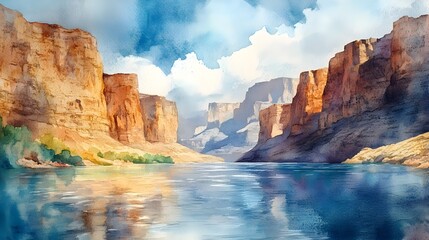 Majestic Watercolor Impressions of a Tranquil Canyon River Landscape