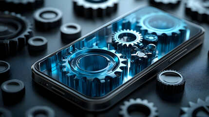 A smartphone with blue gears displayed on its screen, symbolizing technology and mechanics.