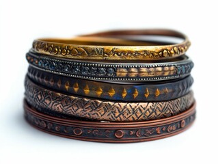 A set of chic and fashionable bangle bracelets with a boho inspired rustic mixed metal finish elegantly displayed against a clean white background