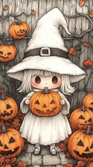 Illustration of adorable child in witch costume holding a pumpkin surrounded by jack-o'-lanterns. Autumn in kawaii village; wooden backdrop. Halloween celebration
