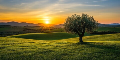 Obraz premium One olive tree in a field, hills, sunset 
