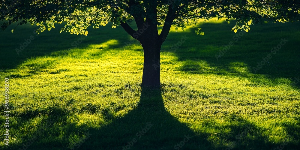 Wall mural Silhouetted tree shadow on grass in a spring park