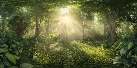 A wide-angle photograph capturing a sunlit clearing in the heart of a dense green forest, with sunbeams illuminating the lush foliage and the ground