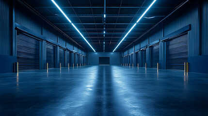 Obraz premium A spacious industrial interior with blue lighting and closed garage doors.