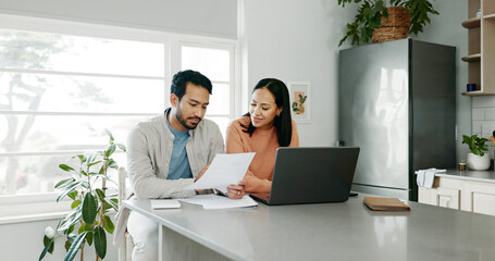Kitchen, couple and conversation with document for finance, track expenses and laptop for budget...