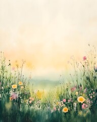 Fototapeta premium Misty Meadow at Dawn:A Watercolor Impression of Blooming Wildflowers
