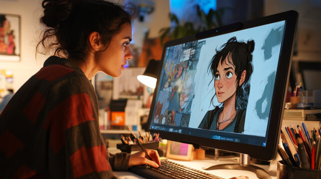 Animator working on a character design with a digital drawing tablet in a studio