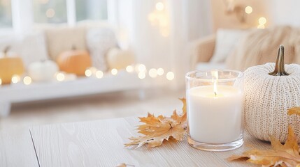 Cozy Autumn Decor with White Knit Pumpkin  Candle  and Fall Leaves